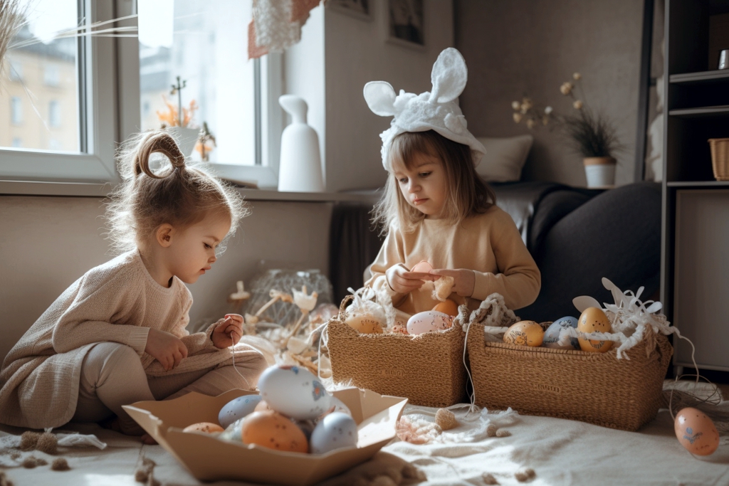 Zwei Mädchen basteln Ostergeschenke auf dem Boden in einem Zimmer