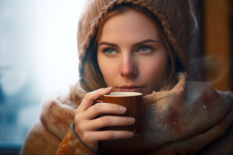 Eine junge Frau mit einer Erkältung trinkt heißen Tee